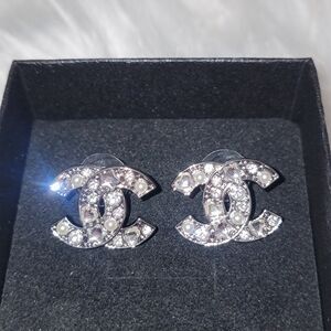 CHANEL Silver and Crystal Logo Earrings